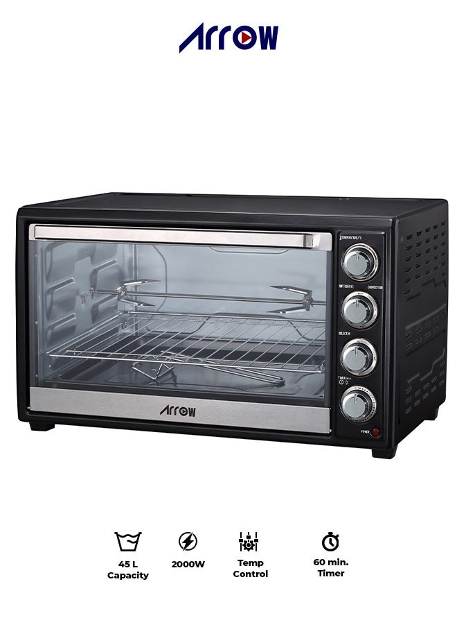 Arrow 45L Electric Oven, 2000W | Rotisserie & Grill Function | Power Indicator Light | 60-Minute Timer with Auto Shut-Off Bell | Temperature Control up to 250°C | 4 PCS Stainless Steel Heating Elements | Heat-Resistant Glass Window | 2-Year Warranty | Model Name: RO-45EOB 