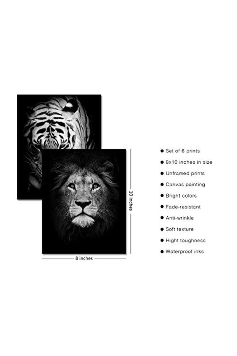 HoozGee Black and White Wall Art Print Set of 6 Animals Wall Decor - Image 2