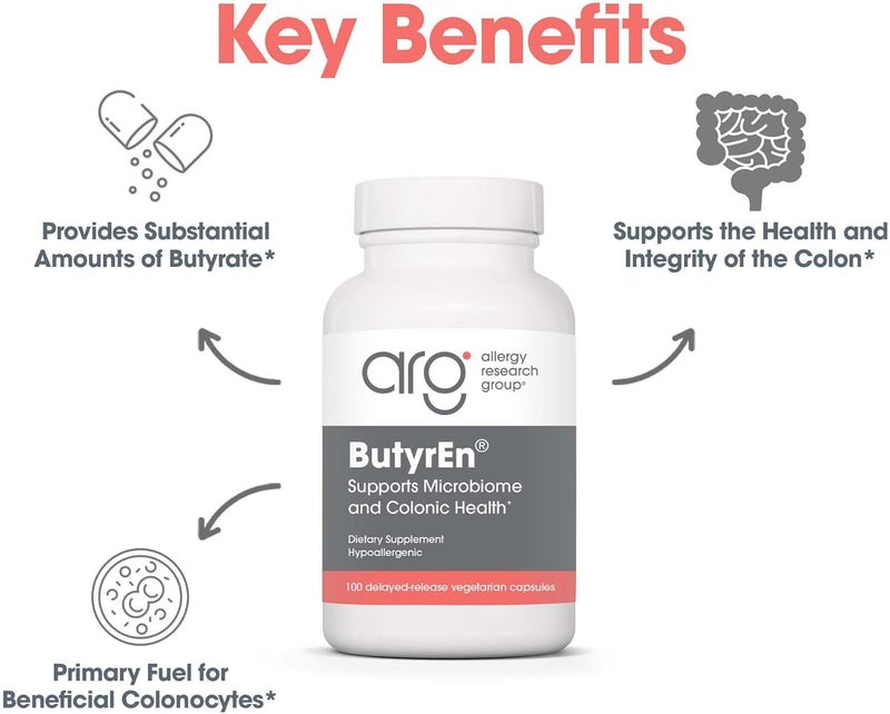 Allergy Research Group مكمل صحة الأمعاء ButyrEn من مجموعة أبحاث الحساسية للنساء والرجال لدعم القولون والهضم مع مركب التريبيوتيرات وحمض الزبدة 100 كبسولة نباتية مؤجلة الإطلاق - Image 4