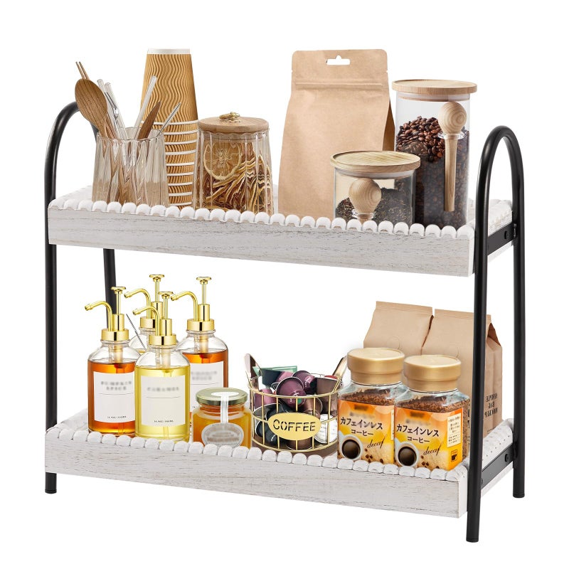 BDBDYEAY 2 Tier Coffee Bar Organizer, Wood Coffee Bar Accessories Shelf for Countertop, Rustic Coffee Station Organizer Decor Stand Rack for Mugs Cups Syrup, Condiment Storage Holder for Kitchen, Home, Office - Image 1