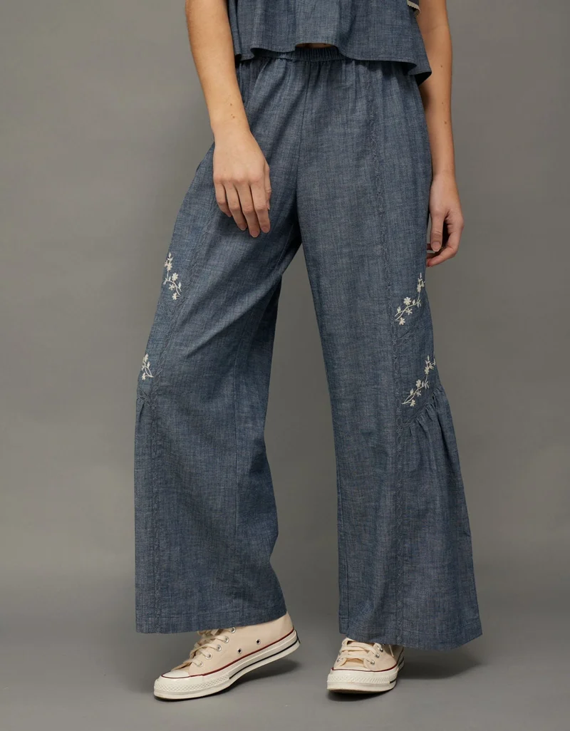 American Eagle AE Stretch High-Waisted Embroidered Wide-Leg Pant