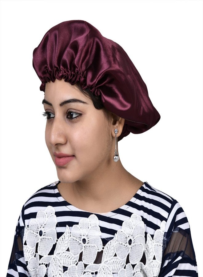 NNR Satin Silk Premium Sleeping Cap, Double Layered Stretchable Hair Bonnets for Girls, for All Head Size-(Maroon) - Image 1