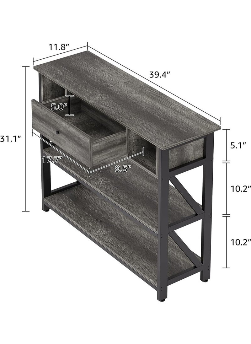 AGD - Antique Wooden Rectangular Console Table with Shelves and Drawers Three Layers Open Storage for Bedroom Entryway Sofa Bed Side Table Gray Color - Image 1