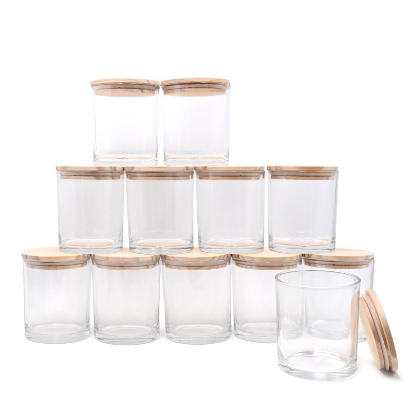SHOWIN 14 OZ Thick Candle Jars for Making Candles 12 Pcs, 3 Wick Empty Jars with Wood Lids for Candle Making, Sample Container,Clear - Image 1