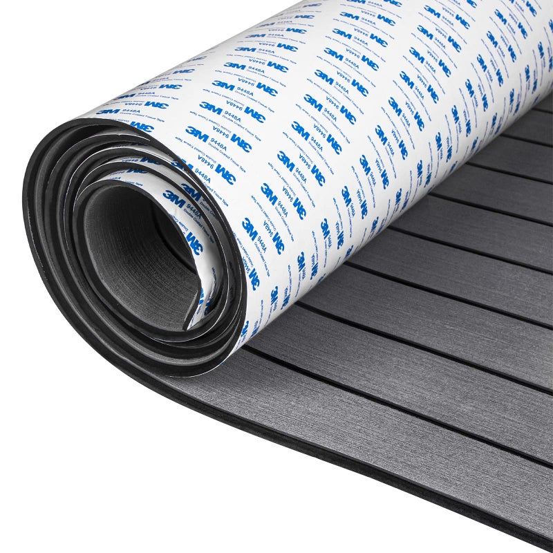 OCEANBROAD SelfAdhesive 96x36 Boat Flooring with 3M Adhesive Backing EVA Foam Boat Decking Faux Teak Marine NonSlip Sheet for Jon Boats Yacht Helm Pad Floor Dark Gray with Black Seam Lines