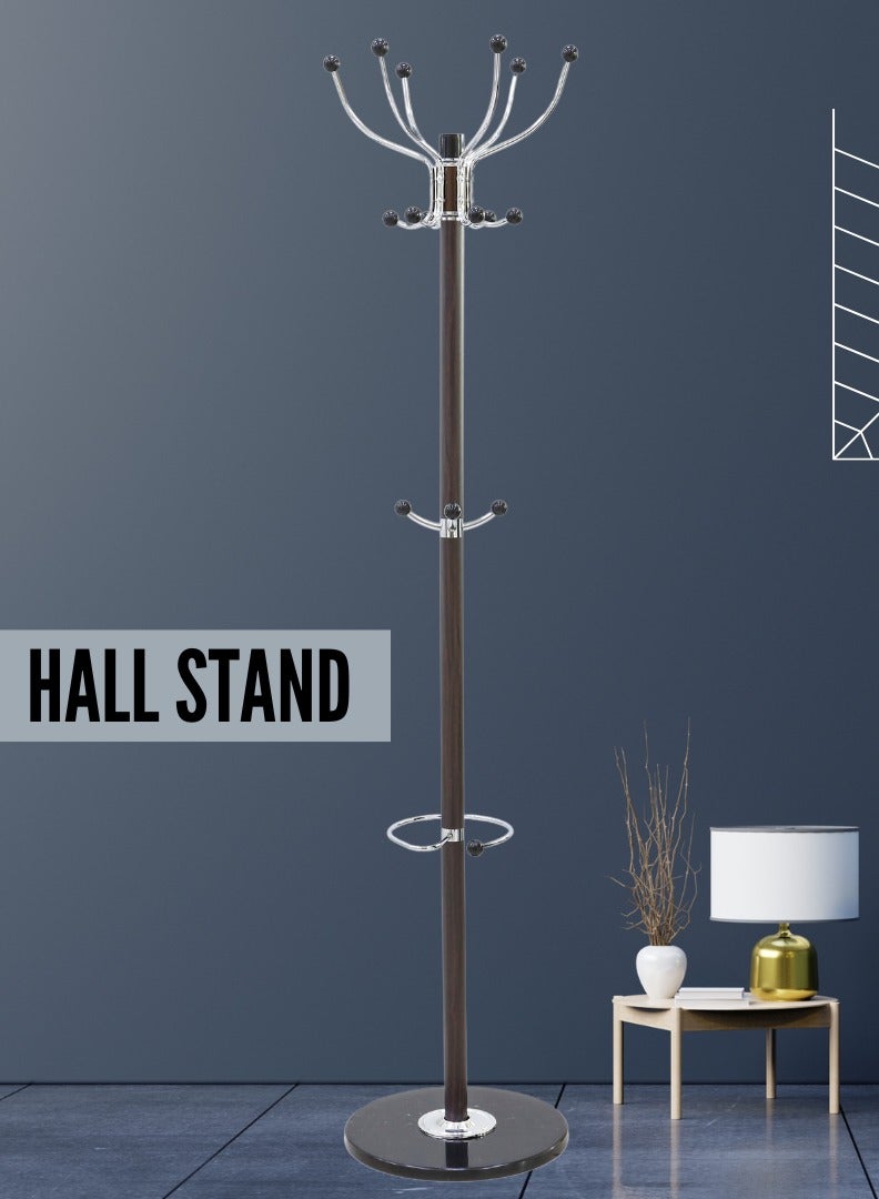 AFT Arfan Metal Coat Rack Stand With Natural Marble Base, Free Standing Hall Tree With 15 Hooks For Hanging Scarf, Bag, Jacket, Home Entry-Way Hat Hanger Organizer - Brown - Image 1