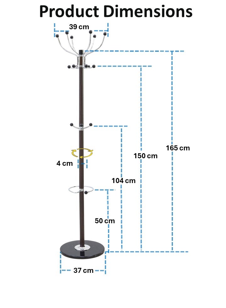 AFT Arfan Metal Coat Rack Stand With Natural Marble Base, Free Standing Hall Tree With 15 Hooks For Hanging Scarf, Bag, Jacket, Home Entry-Way Hat Hanger Organizer - Brown - Image 3