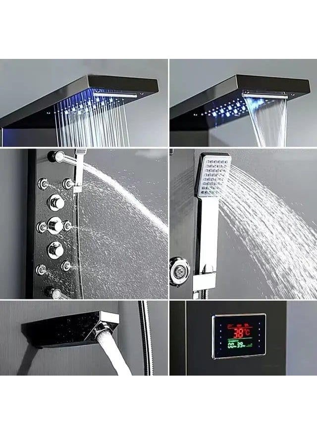 ProssimaGen Prossimagen Italiano SUS 304 Shower Panel 5 in One With LED Display Tower System Rainfall Shower Body Massage Spray Handheld Shower Temperature Display Wall Mount Shower Panel Black  - Image 3