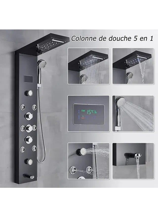 ProssimaGen Prossimagen Italiano SUS 304 Shower Panel 5 in One With LED Display Tower System Rainfall Shower Body Massage Spray Handheld Shower Temperature Display Wall Mount Shower Panel Black  - Image 2