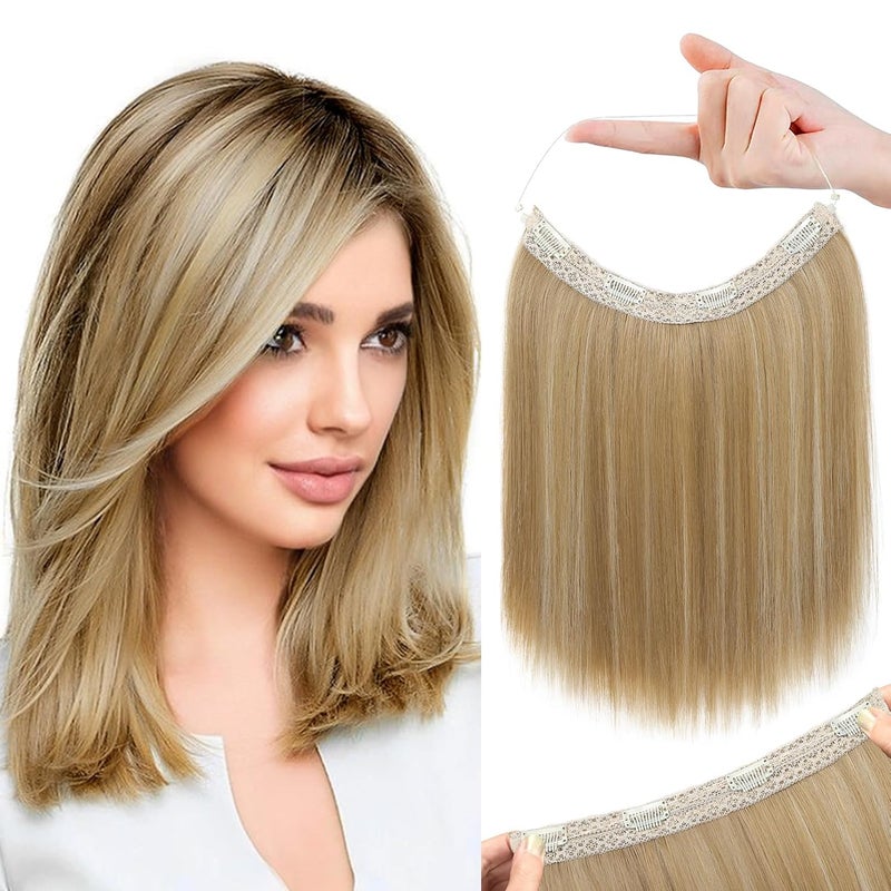 REECHO Invisible Wire Hair Extensions with Thinner Softer Lace Weft 12 Short Straight Clips in Secret Hairpiece for Women 12 Inch Pack of 1  Golden Blonde with Highlights