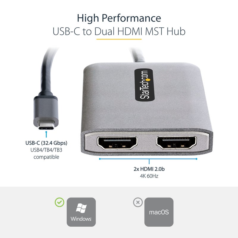 StarTech.com USB-C to Dual HDMI Adapter, USB Type-C Multi-Monitor MST Hub, Dual 4K 60Hz HDMI Laptop Display Extender / Splitter, HDR, Extra-Long Built-In Cable, Windows Only (MST14CD122HD) - Image 3