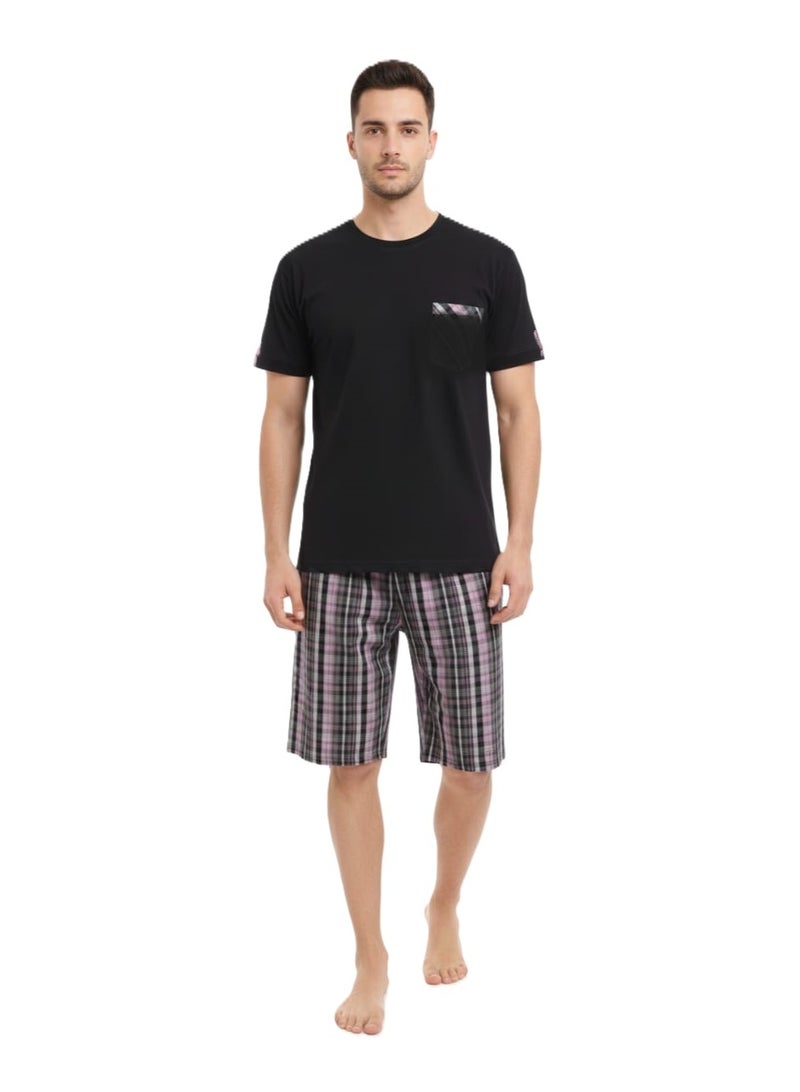 Men Summer Pajama Set Plain Top & Plaied Short