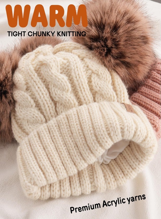 FURTALK Toddler Warm Winter Hat Kids Baby Knitted Soft Beanie with Double Faux Fur Pom Poms for Girls Boys Beige,6-24 Months - Image 2
