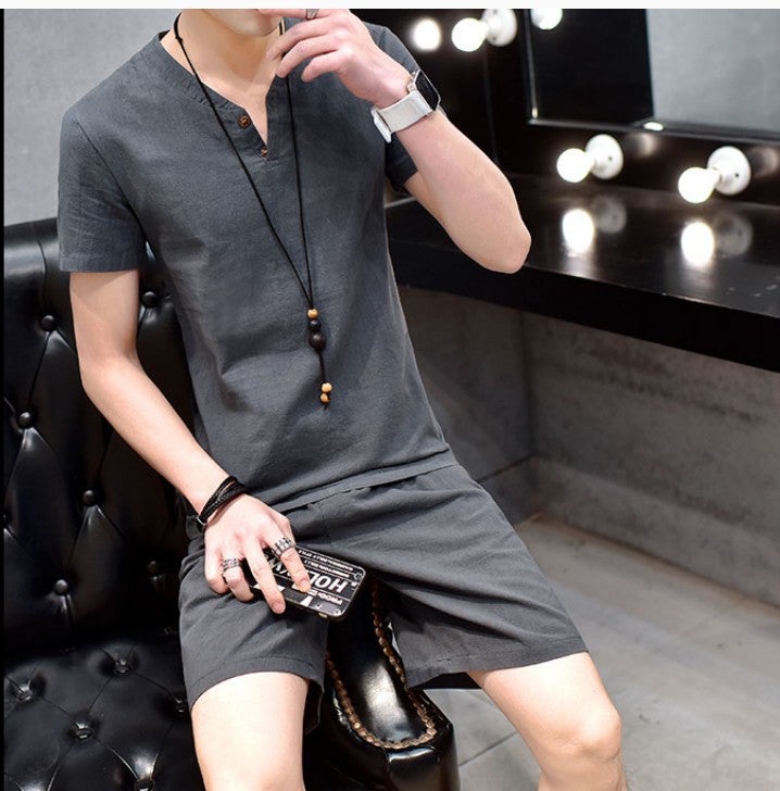 23 New Mens Cotton and Linen Short-sleeved suit Two-button Linen suit Short-sleeved T-shirt Shorts Mens Casual Two-piece Set gray blue - Image 1