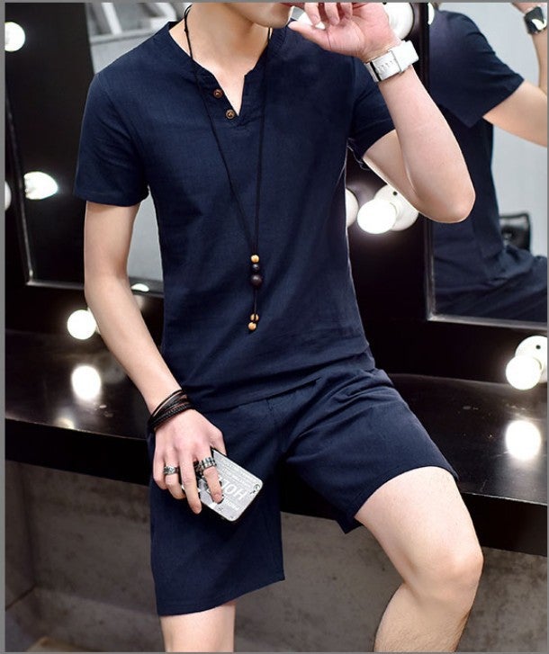 23 New Mens Cotton and Linen Short-sleeved suit Two-button Linen suit Short-sleeved T-shirt Shorts Mens Casual Two-piece Set gray blue - Image 3