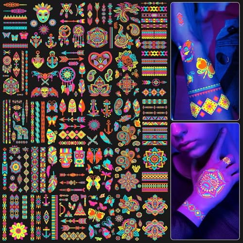 SOOVSY 201pcs Glow in the Dark Temporary Tattoos for Adults and Kids, Glitter Tattoo Kit, Neon Body Face UV Blacklight Fake Tattoos Stickers, Glow in the Dark Party Supplies, Rave Accessories (32 Sheets) - Image 1