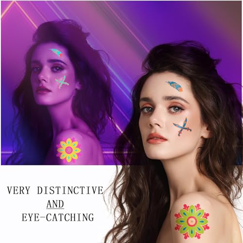 SOOVSY 201pcs Glow in the Dark Temporary Tattoos for Adults and Kids, Glitter Tattoo Kit, Neon Body Face UV Blacklight Fake Tattoos Stickers, Glow in the Dark Party Supplies, Rave Accessories (32 Sheets) - Image 4