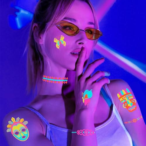 SOOVSY 201pcs Glow in the Dark Temporary Tattoos for Adults and Kids, Glitter Tattoo Kit, Neon Body Face UV Blacklight Fake Tattoos Stickers, Glow in the Dark Party Supplies, Rave Accessories (32 Sheets) - Image 5