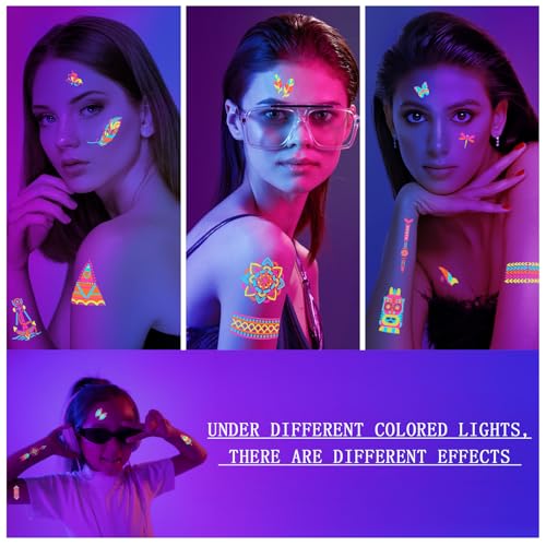 SOOVSY 201pcs Glow in the Dark Temporary Tattoos for Adults and Kids, Glitter Tattoo Kit, Neon Body Face UV Blacklight Fake Tattoos Stickers, Glow in the Dark Party Supplies, Rave Accessories (32 Sheets) - Image 3