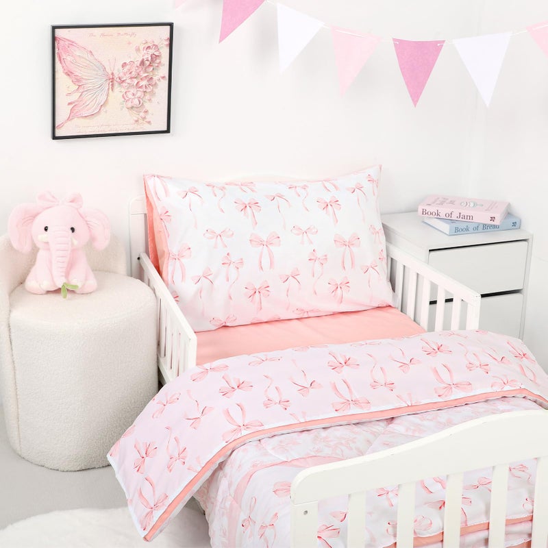 DAYEEBALL 4 Piece Toddler Bedding Set, Ultra Soft and Breathable Toddler Comforter Sets for Boys Includes Quilted Comforter, Fitted Sheet, Flat Sheet and Pillowcase, Pink Bow - Image 2