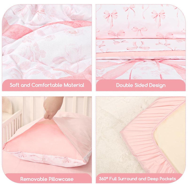 DAYEEBALL 4 Piece Toddler Bedding Set, Ultra Soft and Breathable Toddler Comforter Sets for Boys Includes Quilted Comforter, Fitted Sheet, Flat Sheet and Pillowcase, Pink Bow - Image 3