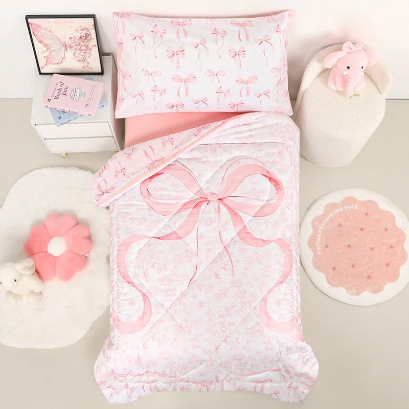 DAYEEBALL 4 Piece Toddler Bedding Set, Ultra Soft and Breathable Toddler Comforter Sets for Boys Includes Quilted Comforter, Fitted Sheet, Flat Sheet and Pillowcase, Pink Bow - Image 1