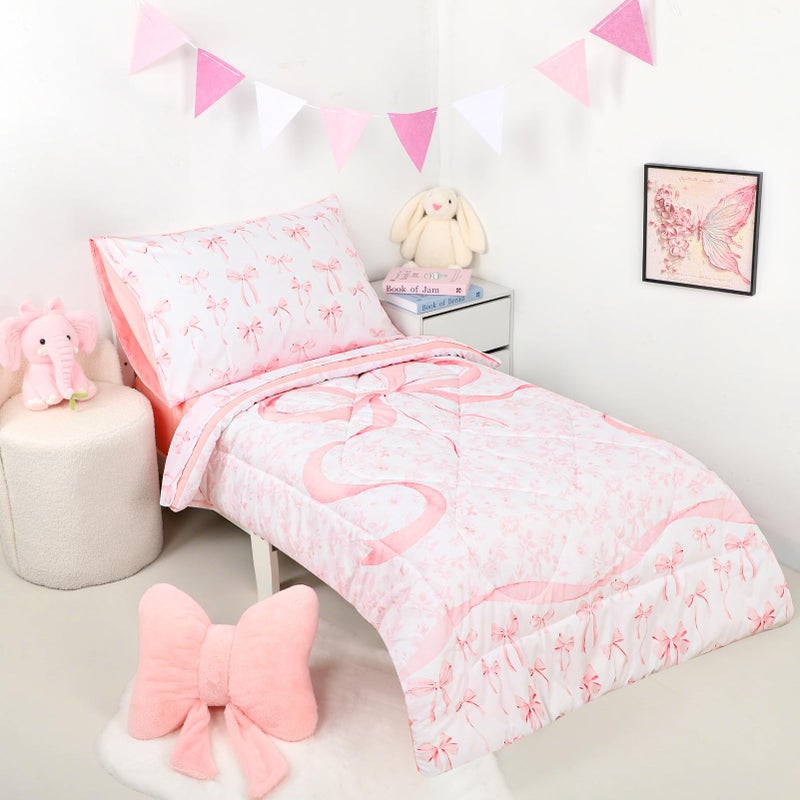 DAYEEBALL 4 Piece Toddler Bedding Set, Ultra Soft and Breathable Toddler Comforter Sets for Boys Includes Quilted Comforter, Fitted Sheet, Flat Sheet and Pillowcase, Pink Bow - Image 4