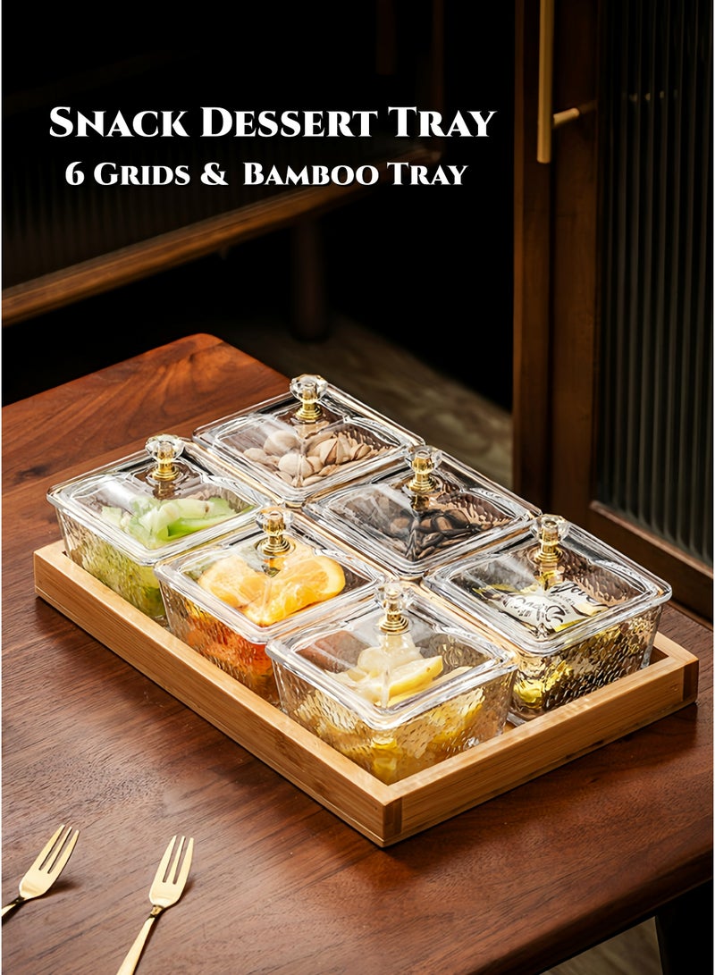 صندوق تخزين الوجبات الخفيفة الشبكة بستة مع مجموعة صينية من الخيزران، علبة وجبات خفيفة، منظم أكريليك بست حجرات، منظم وجبات خفيفة مع غطاء، مقاوم للكسر، سهل التنظيف وآمن للغسالة، للحلويات، الحلوى، المكسرات، الفواكه، التمر، صينية العيد، صينية رمضان - Image 1