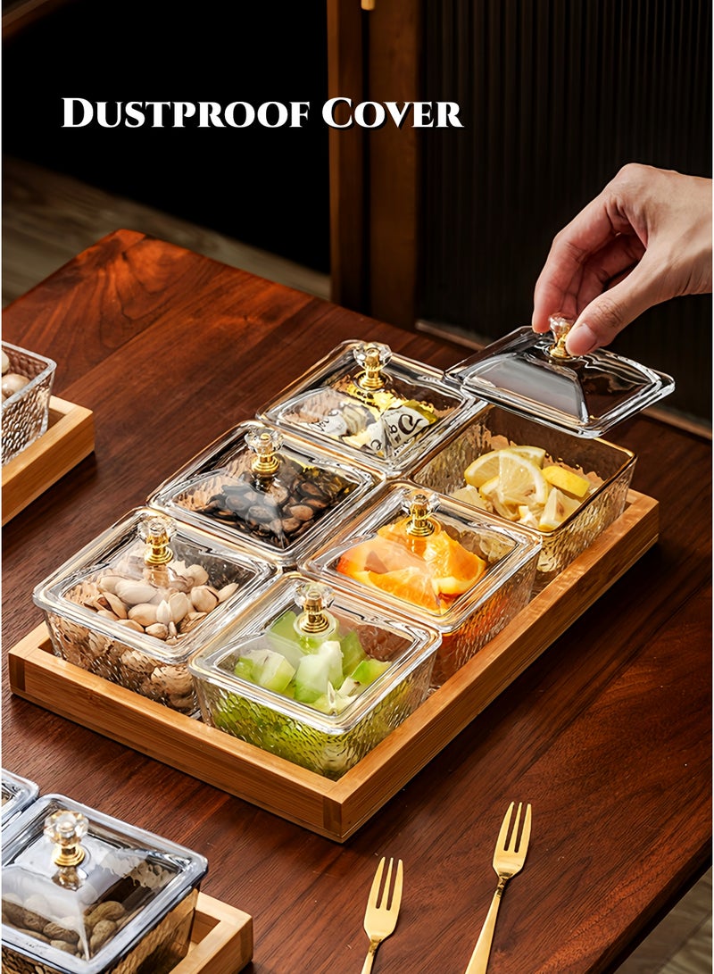 صندوق تخزين الوجبات الخفيفة الشبكة بستة مع مجموعة صينية من الخيزران، علبة وجبات خفيفة، منظم أكريليك بست حجرات، منظم وجبات خفيفة مع غطاء، مقاوم للكسر، سهل التنظيف وآمن للغسالة، للحلويات، الحلوى، المكسرات، الفواكه، التمر، صينية العيد، صينية رمضان - Image 2