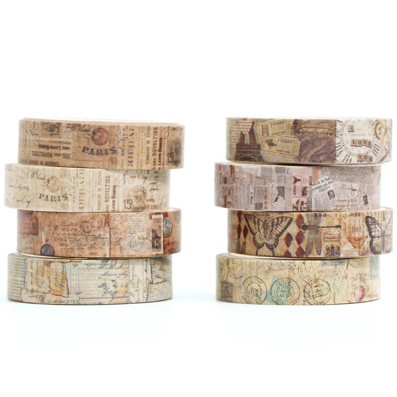 YUBX Vintage Washi Tape Set 8 Rolls Thin Retro Decorative Antique Patterns Masking Tapes for Arts, DIY Crafts, Journals, Planners, Scrapbook, Wrapping (Junk Books) - Image 1