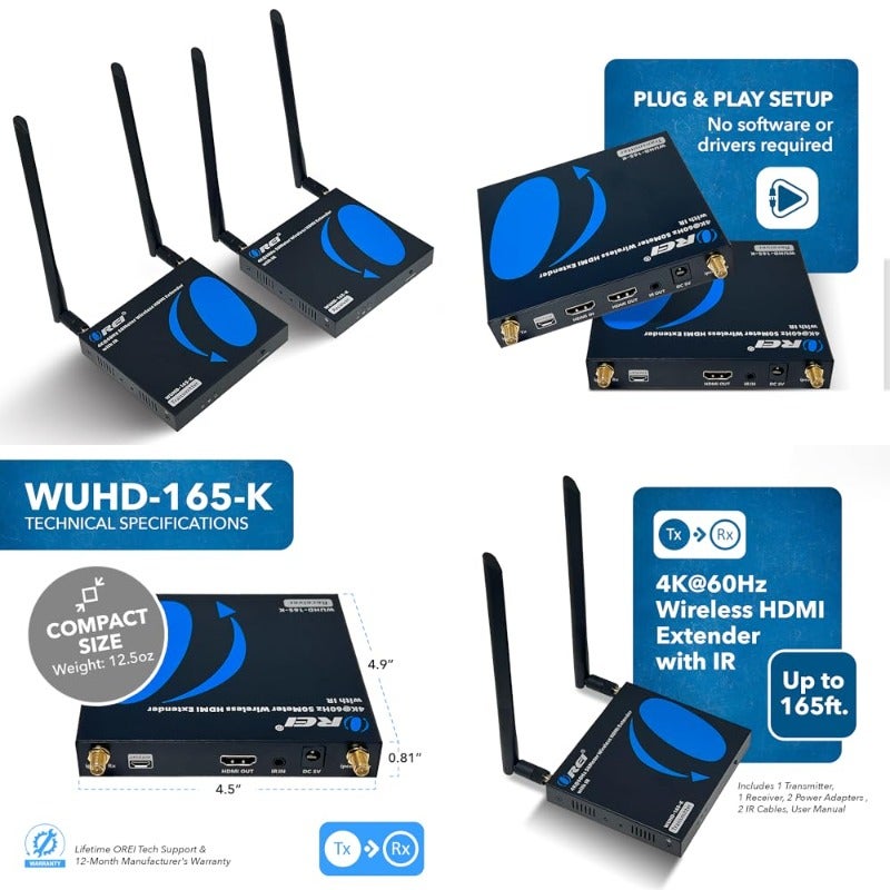 Wireless HDMI Extender Transmitter Receiver Dongle UtraHD 5.1-5.2 Ghz Up to 4K @ 60Hz - Upto 165 Feet - Perfect for Streaming from Laptop PC Cable Netflix YouTube PS4 to HDTV Projector - Image 1