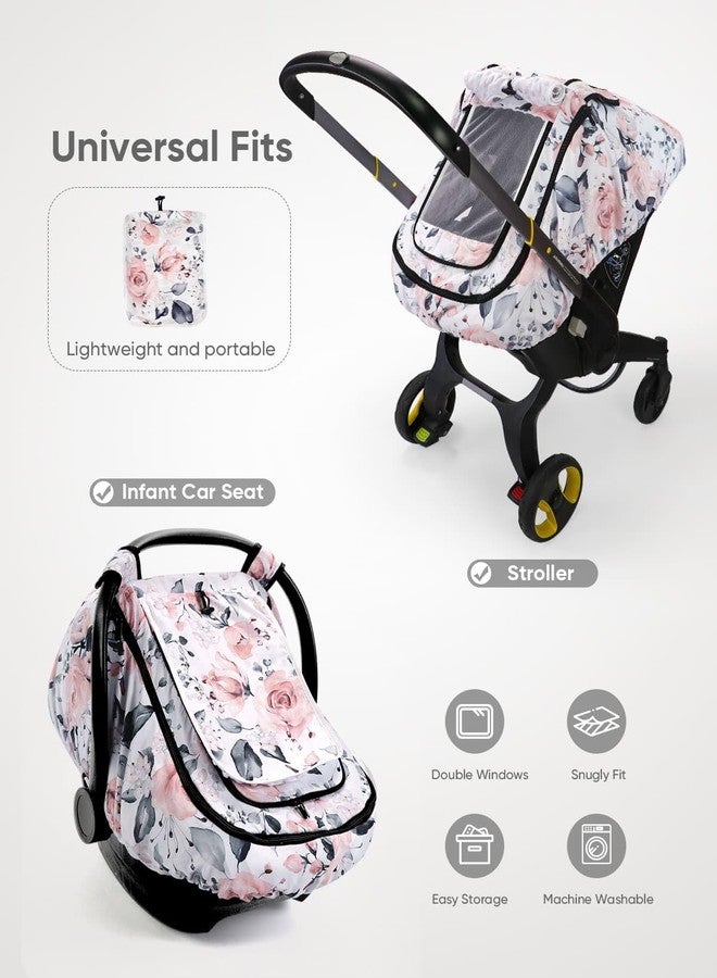 Sweetwavet Car Seat Cover Baby Girls, Infant Car Seat Canopy Outdoor, 2 Layers with Mesh and Sun Shade Window for Summer Winter, Easy Access Carseat Covers Snug Fit Baby Stroller - Pink Floral - Image 5
