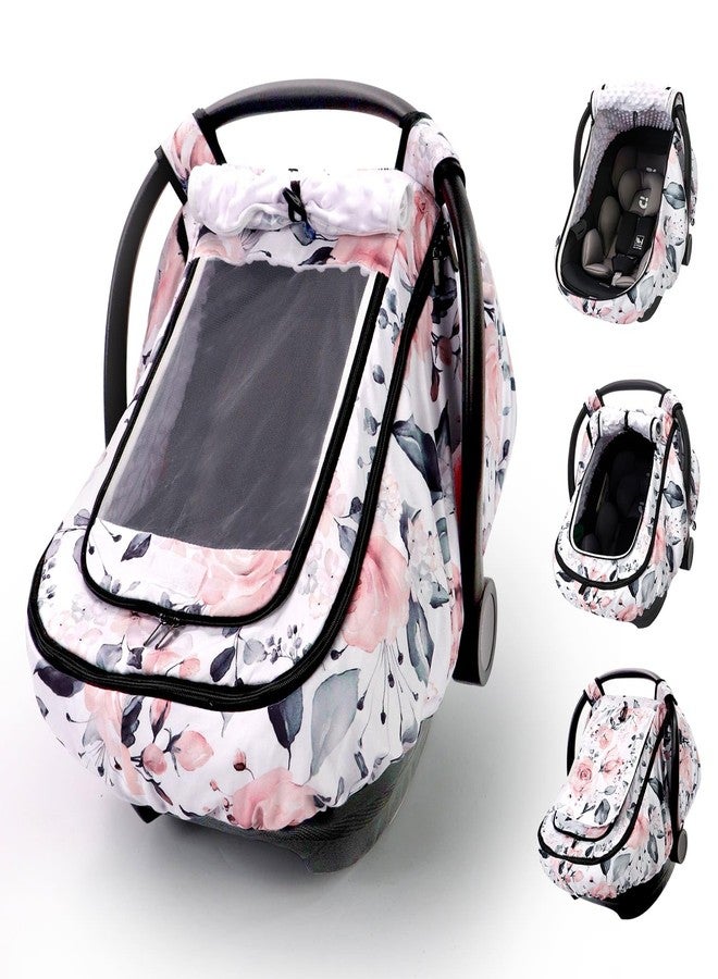 Sweetwavet Car Seat Cover Baby Girls, Infant Car Seat Canopy Outdoor, 2 Layers with Mesh and Sun Shade Window for Summer Winter, Easy Access Carseat Covers Snug Fit Baby Stroller - Pink Floral - Image 1