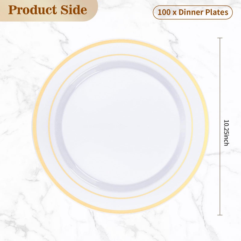 BESTVIP 100PCS Gold Plastic Plates, 10.25 Inch Disposable Dinner Plate Party with Gold Rim for Christmas, Thanksgiving, Heavy Duty Disposable Plastic Plates for Party, Wedding and Birthday, Events - Image 4
