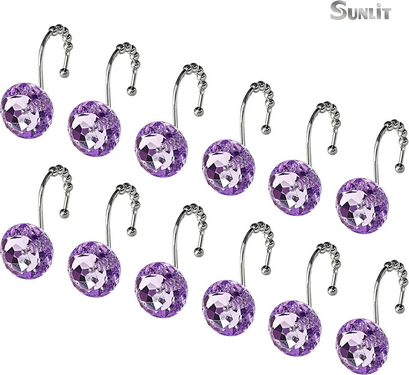 Sunlit Luxury Design Round Purple Diamond Crystal Gem Bling with Glide Balls Shower Curtain Hooks, Rust Proof Metal Rhinestones Glam Shower Curtain Rings-12 Pack - Image 3