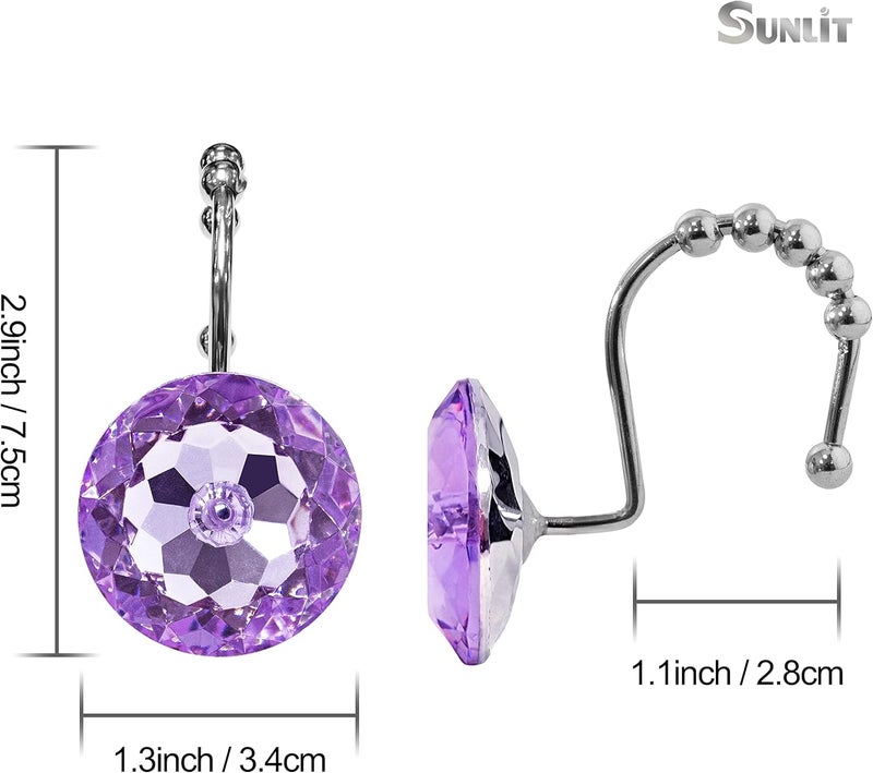 Sunlit Luxury Design Round Purple Diamond Crystal Gem Bling with Glide Balls Shower Curtain Hooks, Rust Proof Metal Rhinestones Glam Shower Curtain Rings-12 Pack - Image 2