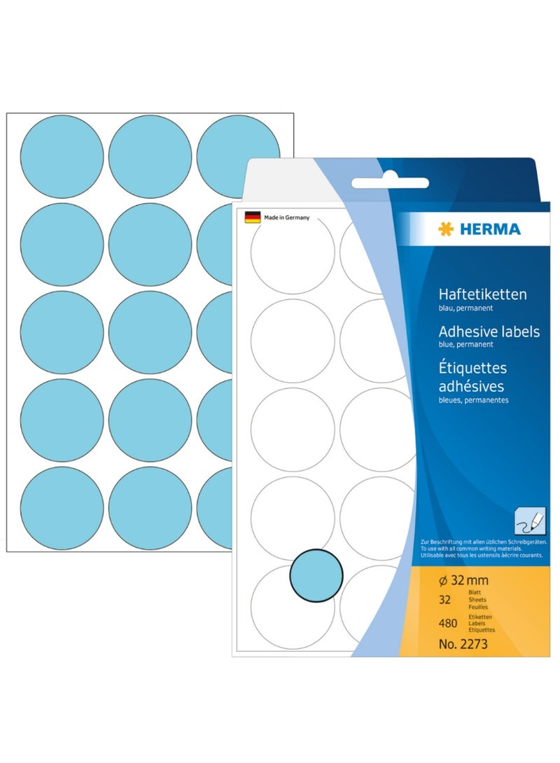هيرما 2273 ملصقات متعددة الاغراض / نقاط ملونة Ø 32 ملم ورق ازرق دائري غير لامع نقش يدوي 480 قطعة - Image 1
