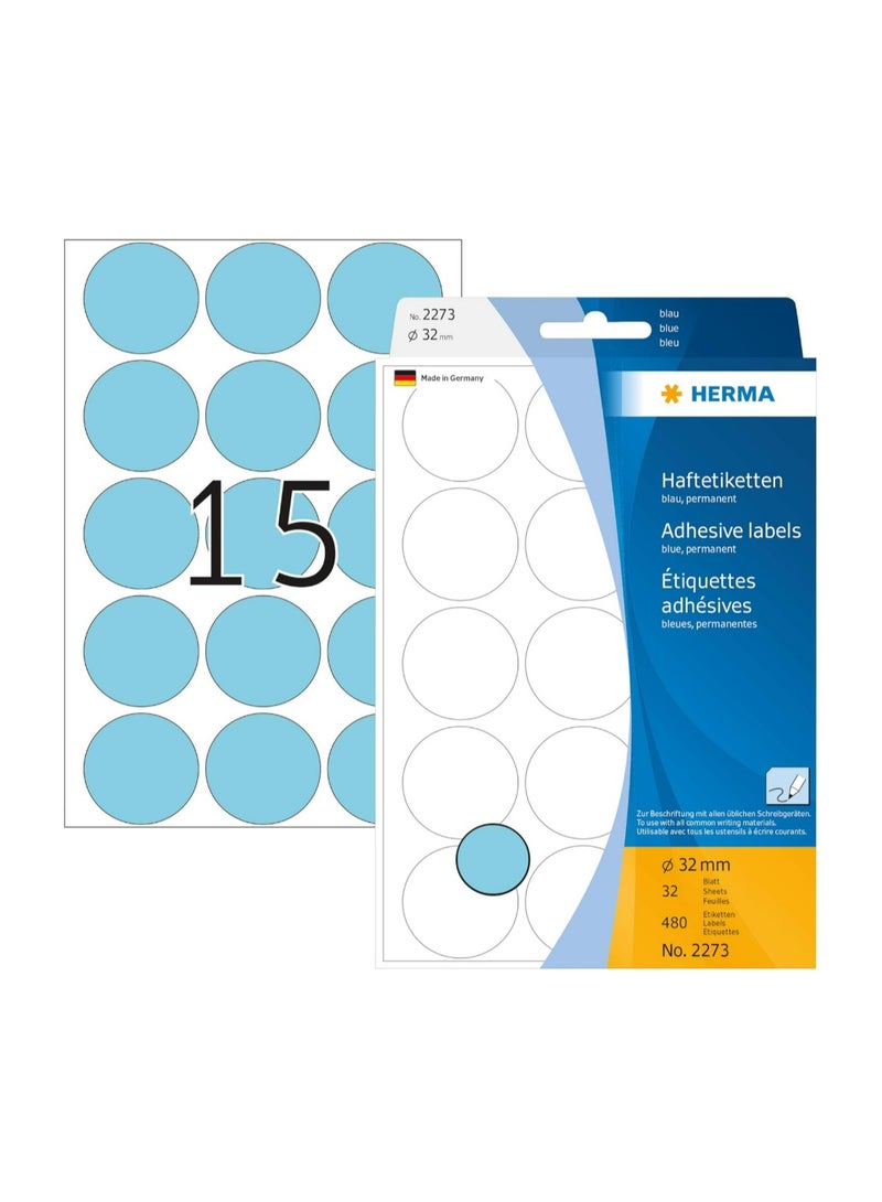 هيرما 2273 ملصقات متعددة الاغراض / نقاط ملونة Ø 32 ملم ورق ازرق دائري غير لامع نقش يدوي 480 قطعة - Image 2