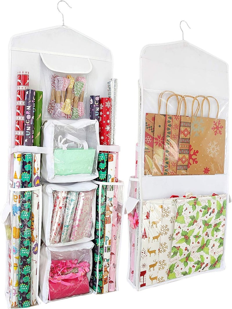 SumDirect Double-Sided Gift Wrap Organizer - White Hanging Wrapping Paper Gift Bag Storage Holder Pockets - Image 1