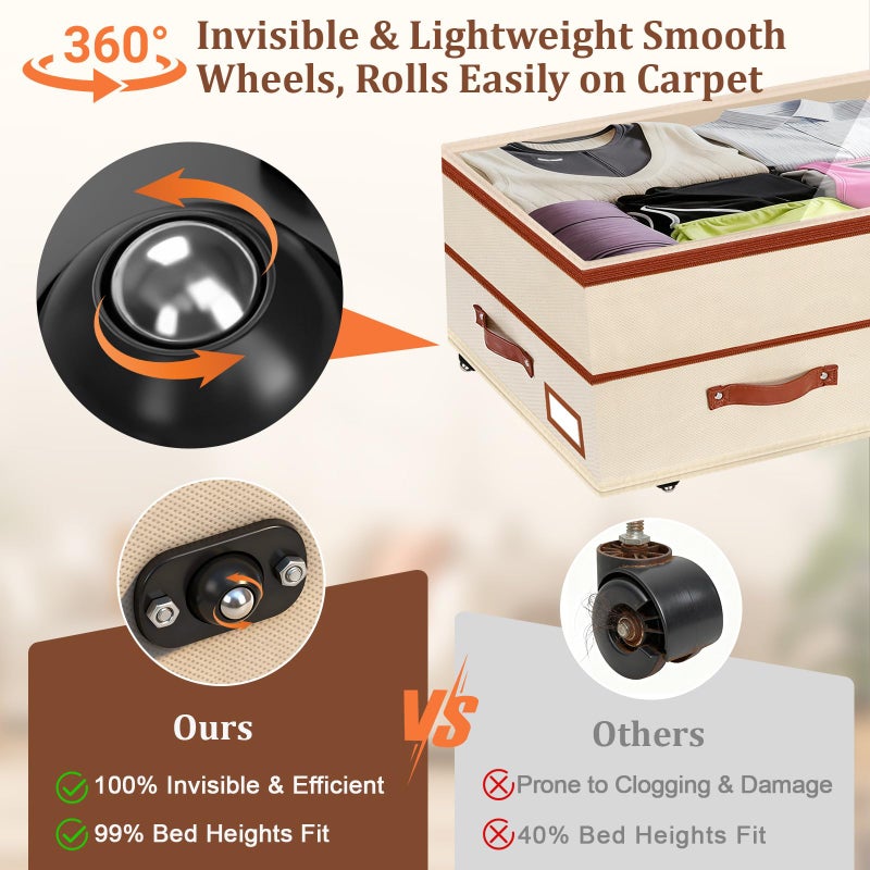 Dolicer 2 Pack Under Bed Storage with Wheels, 6in-10in Height Adjustable Underbed Storage Containers, 92L XXXL Under Bed Drawers Rolling Bin with Clear Lids for Dorm Shoes Clothes Organizers(Beige) - Image 4