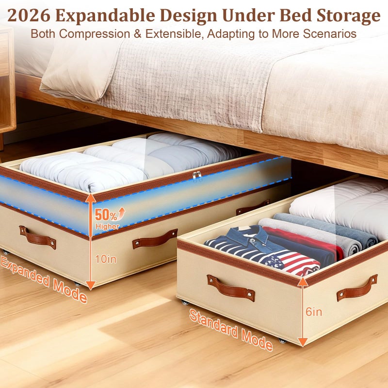 Dolicer 2 Pack Under Bed Storage with Wheels, 6in-10in Height Adjustable Underbed Storage Containers, 92L XXXL Under Bed Drawers Rolling Bin with Clear Lids for Dorm Shoes Clothes Organizers(Beige) - Image 2