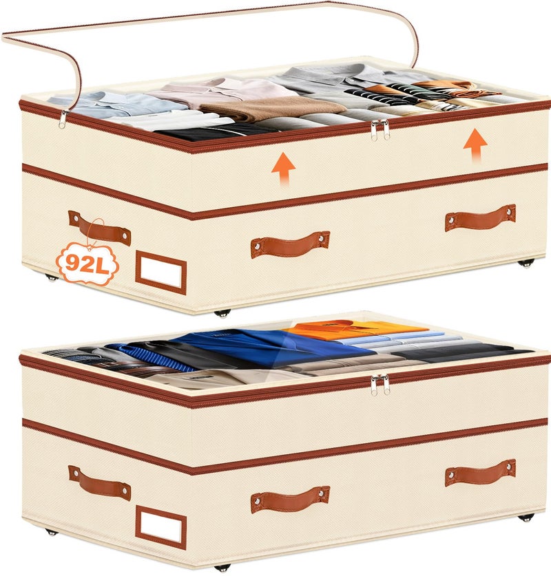 Dolicer 2 Pack Under Bed Storage with Wheels, 6in-10in Height Adjustable Underbed Storage Containers, 92L XXXL Under Bed Drawers Rolling Bin with Clear Lids for Dorm Shoes Clothes Organizers(Beige) - Image 1