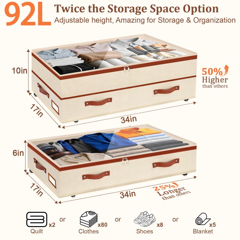 Dolicer 2 Pack Under Bed Storage with Wheels, 6in-10in Height Adjustable Underbed Storage Containers, 92L XXXL Under Bed Drawers Rolling Bin with Clear Lids for Dorm Shoes Clothes Organizers(Beige) - Image 3