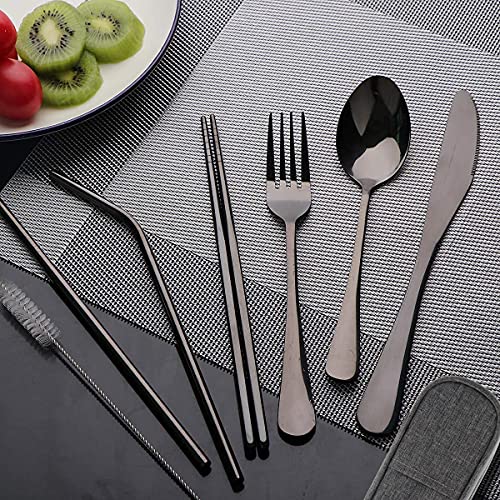 OASMU Travel Utensils Set with Case Reusable Portable Cutlery Set Stainless Steel 8pcs Including Dinner Knife Fork Spoon Chopsticks straws(Black) - Image 2