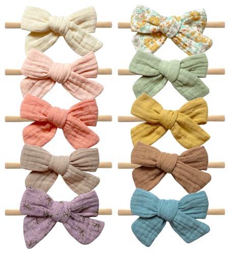 Cherssy Baby Muslin Hair Bows and Headbands 10pcs Soft Nylon Hairbands for Newborn Infants Toddlers - Image 1