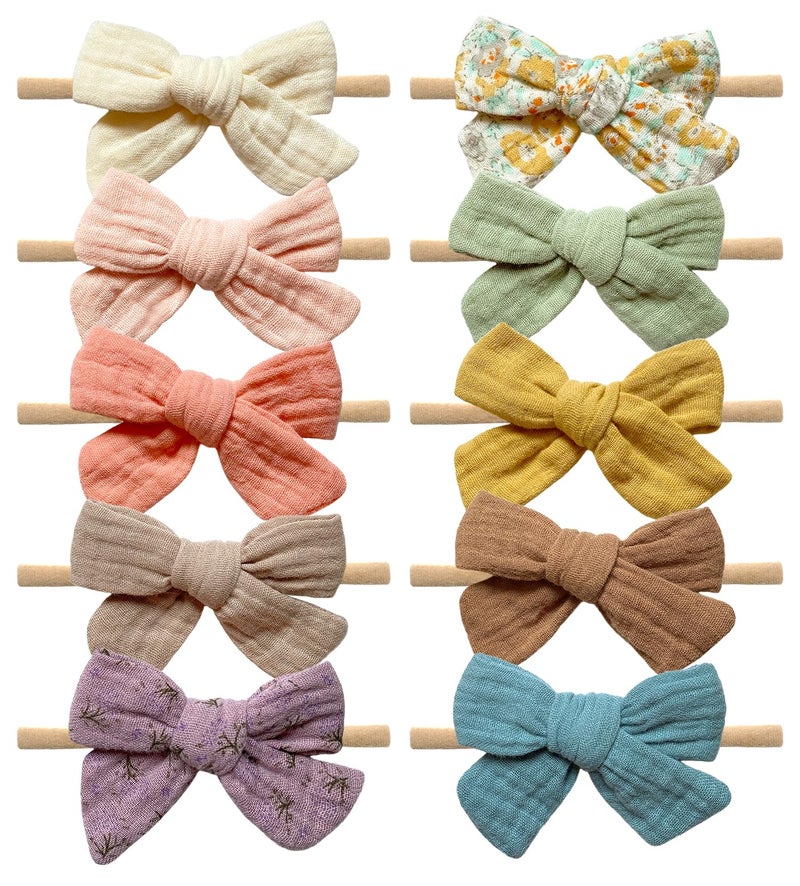 Cherssy Baby Muslin Hair Bows and Headbands 10pcs Soft Nylon Hairbands for Newborn Infants Toddlers - Image 3