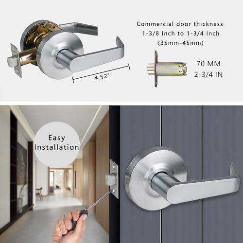 HISAFE Heavy Duty Commercial Passage Door Lever, Satin Chrome Finished Non-Locking Grade 2 Door Handle, UL 3 Hour Fire Rated Ergonomic Lever for School/Hotel Hallway, 70mm Latch - Image 4