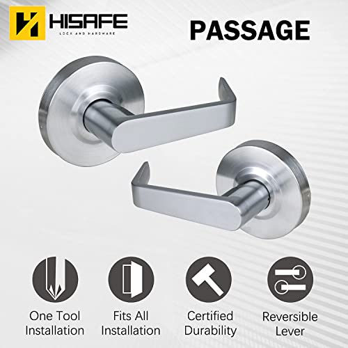 HISAFE Heavy Duty Commercial Passage Door Lever, Satin Chrome Finished Non-Locking Grade 2 Door Handle, UL 3 Hour Fire Rated Ergonomic Lever for School/Hotel Hallway, 70mm Latch - Image 2