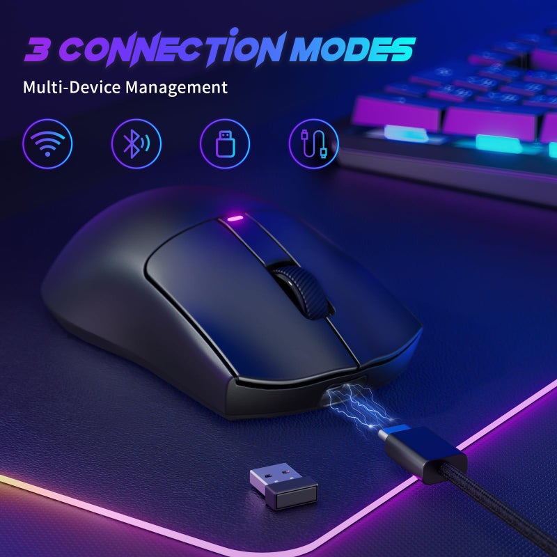 RisoPhy Superlight Wireless Gaming Mouse, 62g Dual Macro-Switches Gaming Mouse, 3-Mode Wireless/USB-C/Bluetooth Mouse with Adjustable 12000DPI, 5 Programmable Buttons Computer Mouse for PC/Mac-Black - Image 4