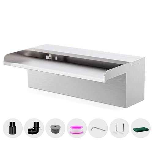 LONGRUNNEW Waterfall Pool Fountain LONGRUNNEW 304 Stainless Steel 11.8" Rectangular Waterfall Spillway, Water Fall Fountain with Pipe Connector for Garden Outdoor, Swimming Pools, Fountains, Pond and Spa - Image 1